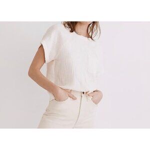 Madewell Cotton Gauze Blouse Short Dolman Sleeves Chest Pocket V Back White Sz L